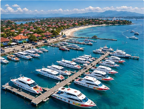 Aerial view of fastboats lined up at a Bali harbour, with no readable operator names