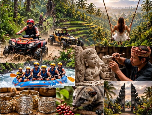 Ubud activities including ATV rides, swings, rafting, artisan carving, jewellery and local coffee