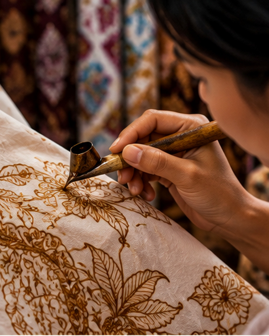 Illustrative close-up of an Indonesian artisan applying a traditional batik pattern to fabric with a canting tool