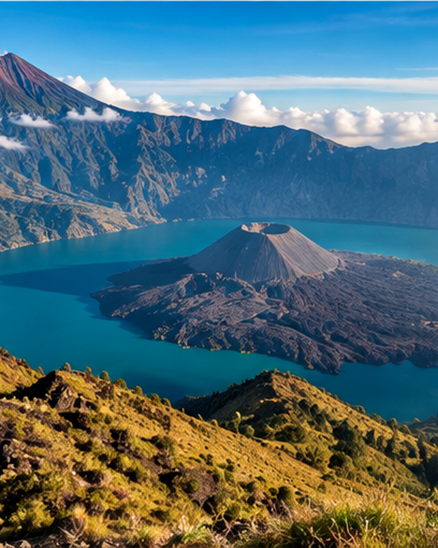 Illustrative view of Mount Rinjani and its volcanic crater lake on Lombok, Indonesia
