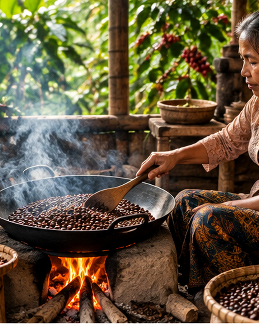 Illustrative Balinese coffee plantation scene with coffee beans being roasted traditionally over a wood fire