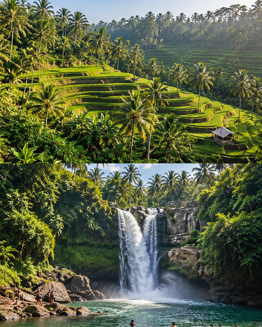 Illustrative portrait collage of emerald Ubud rice terraces and a tropical Bali waterfall