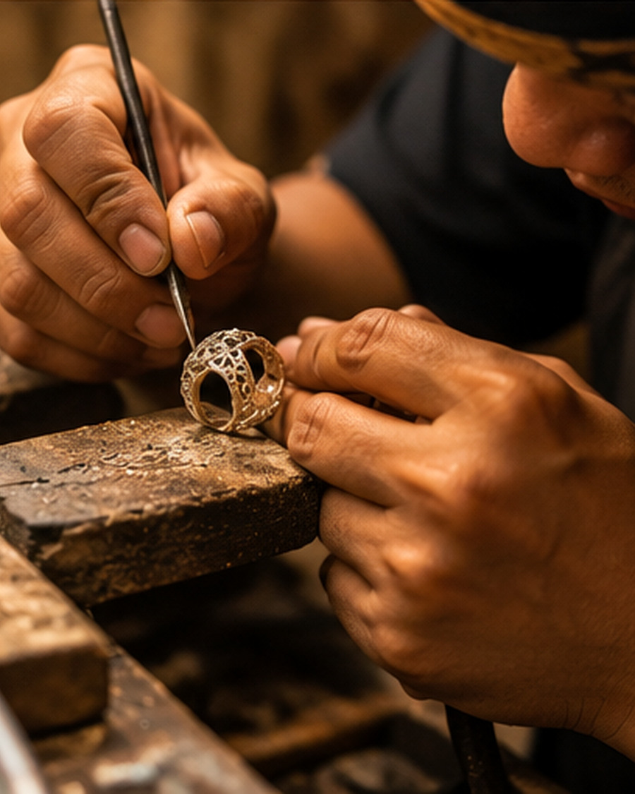 Illustrative close-up of an artisan handcrafting detailed silver and gold jewellery in a workshop