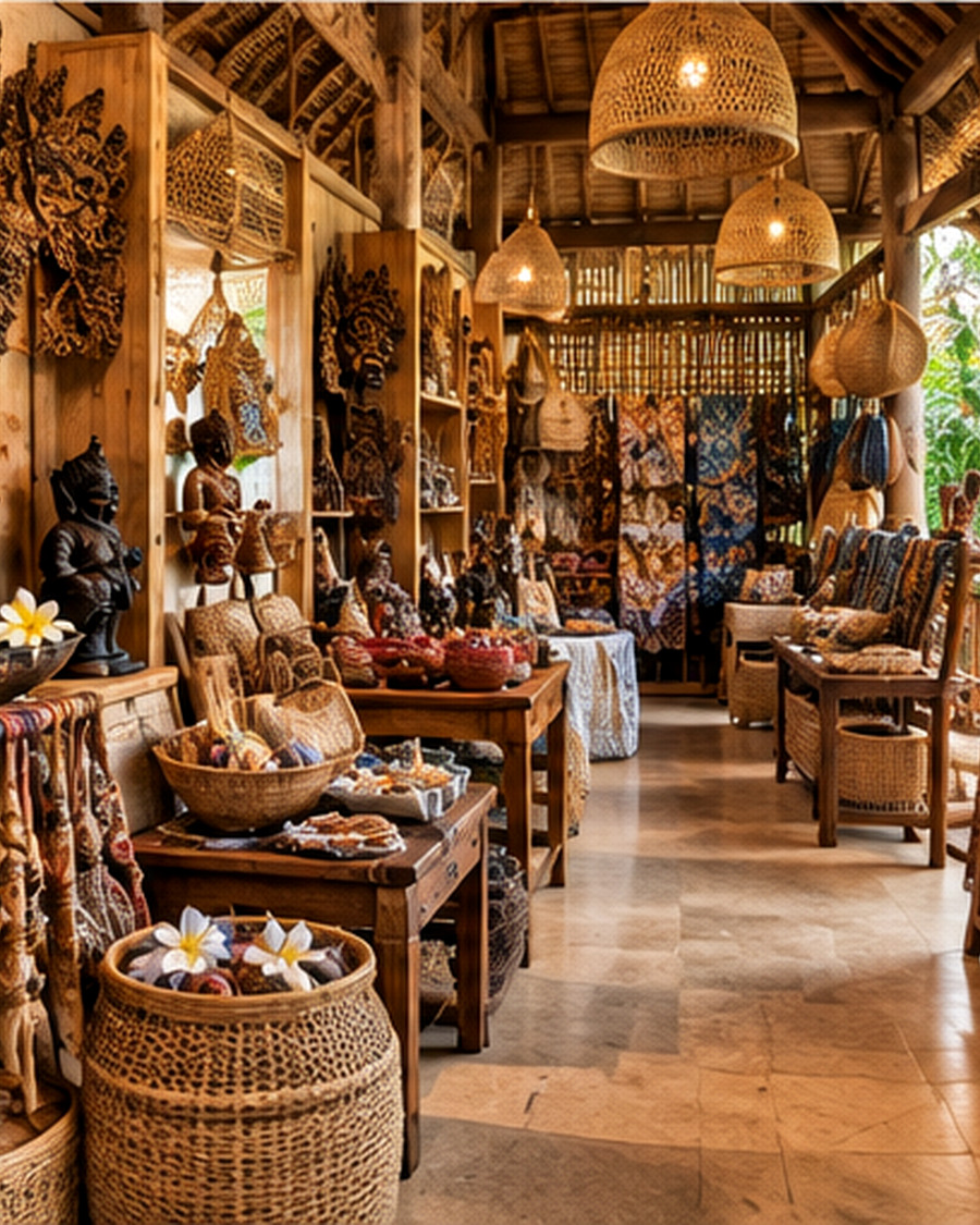 Illustrative Ubud handicraft shop filled with Balinese carved masks, woven baskets and traditional textiles