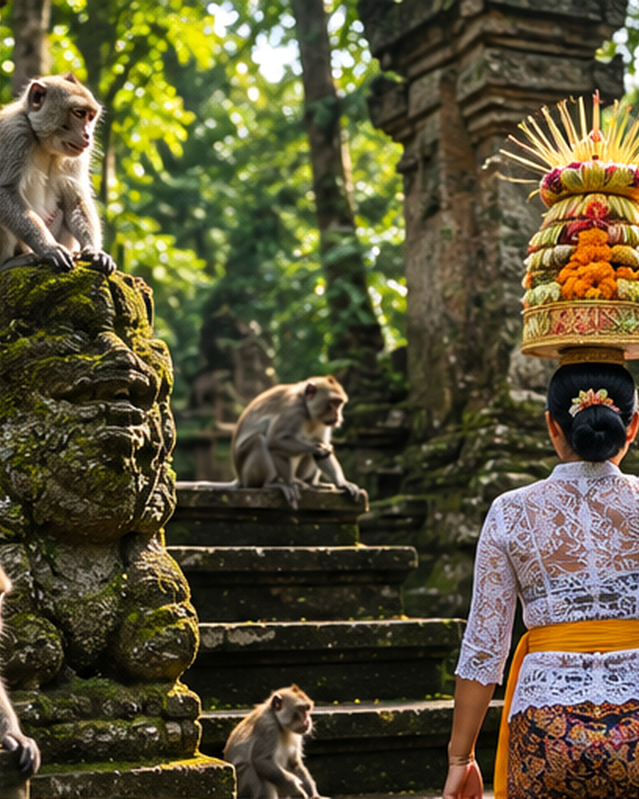 Illustrative Ubud Monkey Forest scene with long-tailed macaques and a Balinese woman carrying a ceremonial offering